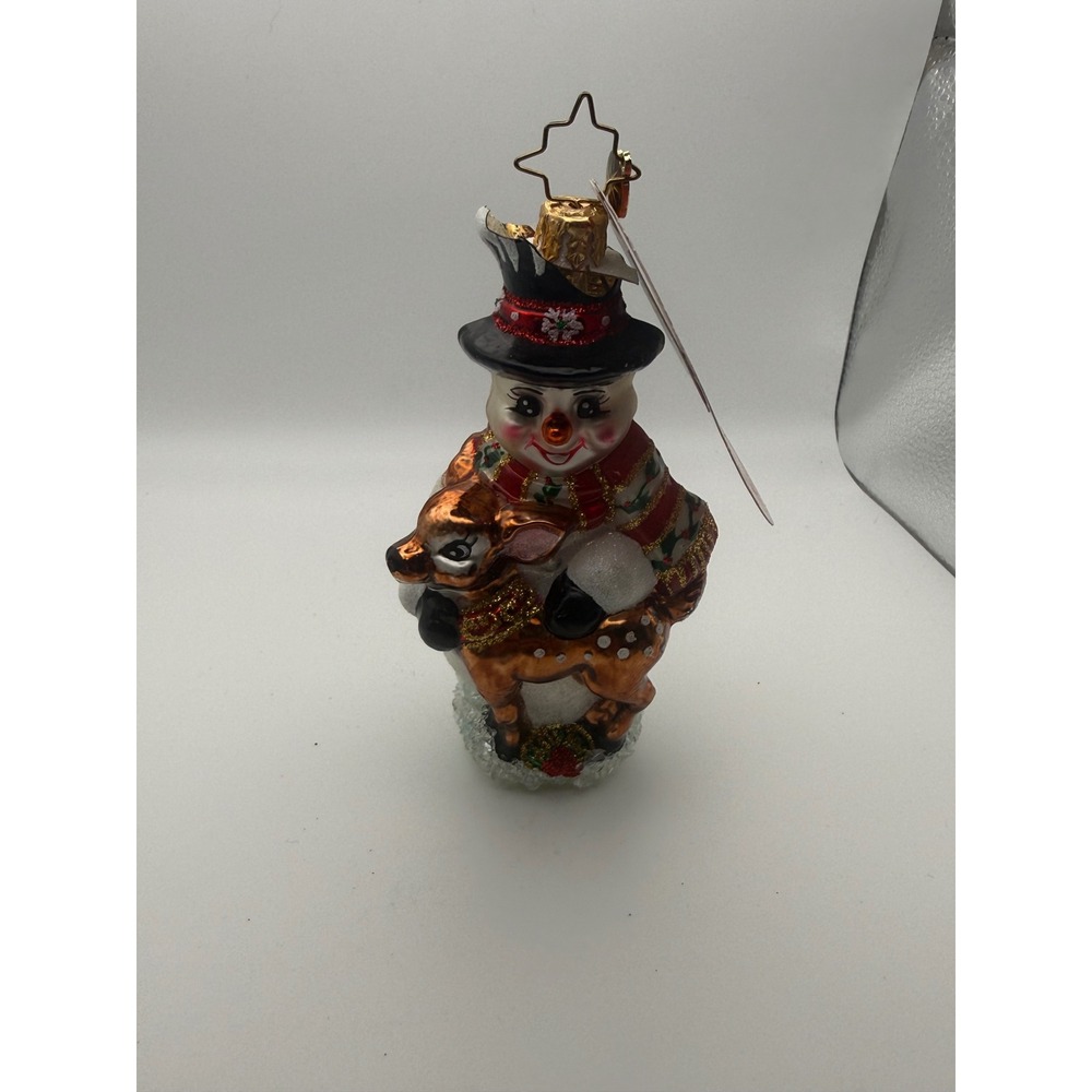 Christopher Radko Snowman with Fawn Glass Christmas Ornament Hand Painted 6 Inch